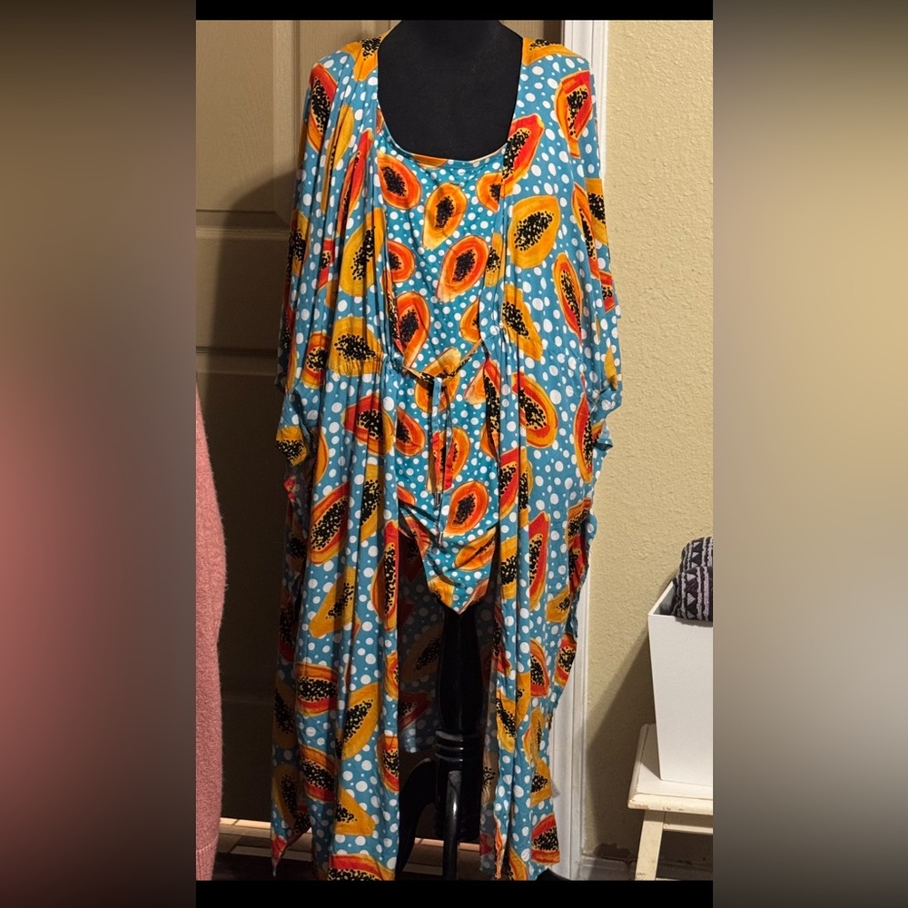 Plus Size Ulla Popken Dot Papaya Print Front Lined Swimsuit and Kimono